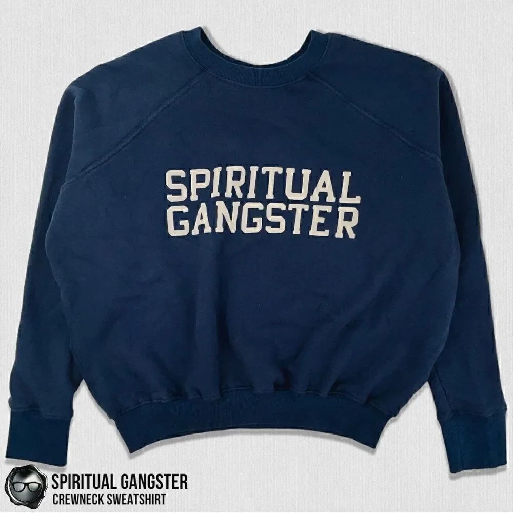 SPIRITUAL GANGSTER WOMEN’S COTTON VARSITY CREWNECK SWEATSHIRT VINTAGE NAVY BLUE